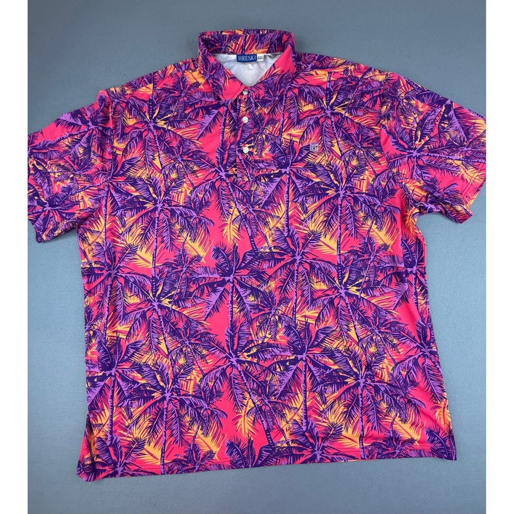 Hreski Polo Shirt Mens XXL Pink Purple Palm Tree Tropical Performance Golf Top
